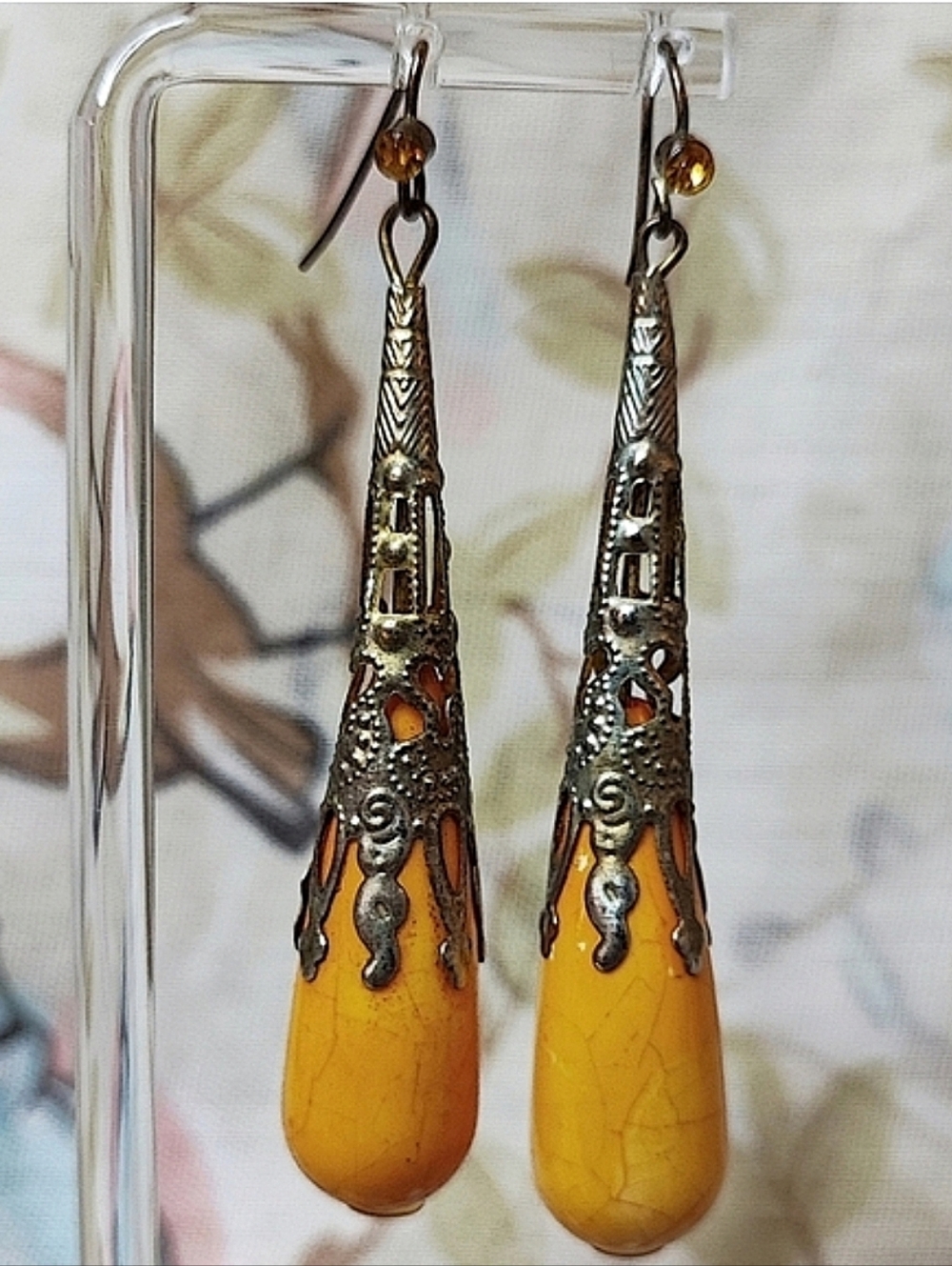 Goldenrod Mustard Bohemian Moroccan Style Lacquered Wood Brass Bell Cap Earrings